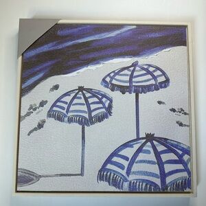 NWT Beach Umbrella Wall Art, Coastal Decor, Blue & White Canvas, Framed Artwork